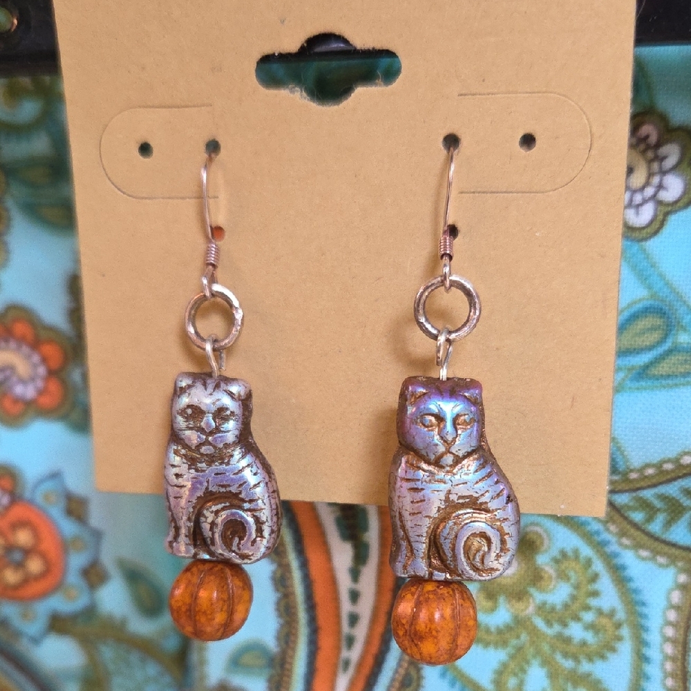 Silver Cat Dangle Earrings with Amber-Tone Beads
